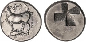 GREEK COINS
Dracma. 416-357 a.C. BYZANTION. Anv.: Vaca y delfín a izquierda, encima leyenda. Rev.: Molino incuso. 5,29 grs. AR. Se-1579. EBC-/MBC+.