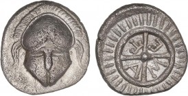 GREEK COINS
Dióbolo. 450-350 a.C. MESEMBRIA. TRACIA. Anv.: Casco de frente adornado con cresta. Rev.: M-E-T-A. Rueda de cuatro radios, dentro de círc...