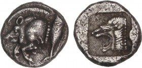 GREEK COINS
Trihemióbolo. 480-450 a.C. KYZIKOS. Anv.: Medio jabalí a izquierda, detras atún. Rev.: Cabeza de león a izquierda. 1,14 grs. AR. Se-3846....