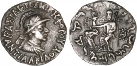 GREEK COINS
Dracma. 145-135 a.C. ANTIALKIDAS. BACTRIA E INDOGRECIA. Anv.: Cabeza de con casco adornado a derecha, alrededor leyenda. Rev.: Zeus con c...