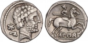 CELTIBERIAN COINS
Denario. 180-20 a.C. BOLSCAN (HUESCA). Anv.: Cabeza barbada a derecha, detrás letras ibéricas BoN. Rev.: Jinete con lanza a derecha...