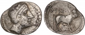 CELTIBERIAN COINS
Dracma. 300-200 a.C. ARSGITAR (SAGUNTO, Valencia). Anv.: Cabeza laureada de Hércules a derecha. Rev.: Toro androcéfalo a derecha, e...