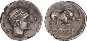 CELTIBERIAN COINS
Dracma. 300-200 a.C. ARSGITAR (SAGUNTO, Valencia). Anv.: Cabeza laureada de Hércules a derecha, detrás clava, delante delfín. Rev.:...