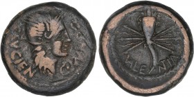 CELTIBERIAN COINS
As. 150-50 a.C. VALENTIA (VALENCIA). Anv.: Cabeza galeada de Roma a derecha; alrededor C.MVNI.Q. y C.LVCIEN. Rev.: VALENTIA. Cornuc...