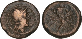 CELTIBERIAN COINS
Cuadrante. 150-50 a.C. VALENTIA (VALENCIA). Anv.: Cabeza galeada de Roma a derecha, detrás tres puntos. Rev.: Dentro de láurea, cor...