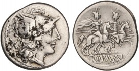 ROMAN COINS: ROMAN REPUBLIC
Republic
Denario. 200-190 a.C. ANÓNIMO. Rev.: Dióscuros a caballo a derecha, debajo estrella de 8 puntas. En exergo: ROM...