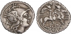 ROMAN COINS: ROMAN REPUBLIC
Republic
Denario. 210 a 208 a.C. ANÓNIMO-20kk. ¿SICILIA?. Rev.: Dióscuros a caballo a derecha, debajo rueda de 6 radios....