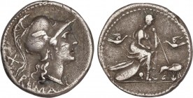 ROMAN COINS: ROMAN REPUBLIC
Republic
Denario. 115-114 a.C. ANÓNIMO-176. Rev.: Roma con cetro sentada a derecha sobre dos escudos, delante la loba am...