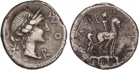 ROMAN COINS: ROMAN REPUBLIC
Republic
Denario. 114-113 a.C. AEMILIA-7. Man. Aemilius Lepidus. SUR DE ITALIA. Rev.: Estatua ecuestre a derecha sobre t...