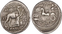 ROMAN COINS: ROMAN REPUBLIC
Republic
Denario. 58 a.C. AEMILIA-8. M. Aemilius Scaurus y Pub. Plautius Hipsaeus. Anv.: El rey Aretas de rodillas a der...