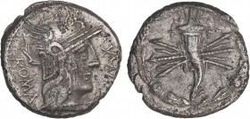 ROMAN COINS: ROMAN REPUBLIC
Republic
Denario. 127 a.C. FABIA-5. Q. Fabius Maximus Eburnus. Rev.: Cornucopia y haz de rayos, todo dentro de láurea. 3...