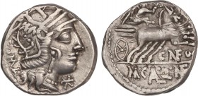 ROMAN COINS: ROMAN REPUBLIC
Republic
Denario. 117-111 a.C. FULVIA-1. Cn. Fulvius, M. Calidius y Q. Metellus. Rev.: Victoria en biga a derecha. Debaj...