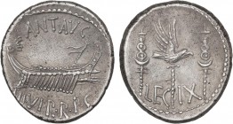 ROMAN COINS: ROMAN EMPIRE
Empire
Denario. Acuñada el 32-31 a.C. MARCO ANTONIO. Anv.: Galera pretoriana a derecha. ANT.AVG.III.VIR.R.P.C. Rev.: Águil...