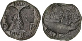 ROMAN COINS: ROMAN EMPIRE
Empire
Dupondio. Acuñada el 10 a.C. AUGUSTO Y AGRIPA. NEMAUSUS. Anv.: Bustos de Augusto y Agripa, arriba IMP., debajo DIVI...