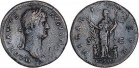 ROMAN COINS: ROMAN EMPIRE
Empire
Sestercio. Acuñada el 134-138 d.C. ADRIANO. Anv.: HADRIANVS AVGVSTVS P. P. Cabeza laureada a derecha. Rev.: HILARIT...