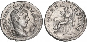 ROMAN COINS: ROMAN EMPIRE
Empire
Denario. Acuñada el 219 d.C. HELIOGÁBALO. Anv.: IMP. ANTONINVS AVG. Busto laureado a derecha. Rev.: P. M. TR. P. II...