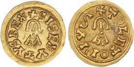 VISIGOTHIC COINS
Triente. SISEBUTO (612-621 d.C.). TOLETO (Carthaginensis). Anv.: ¶SISEBVTVSREX. Rev.: ¶TOLETOPIV¶. 1,48 grs. AU. Miles-183a; VCC-229...