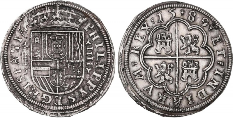 SPANISH MONARCHY: PHILIP II
Philip II
4 Reales. 1589. SEGOVIA. 13,21 grs. Acue...