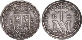 SPANISH MONARCHY: CHARLES II
Charles II
4 Reales. 1687. SEGOVIA. BR. 10,85 grs. Tipo María. Algo alabeada, normal en esta pieza. RARA. AC-567. MBC+....