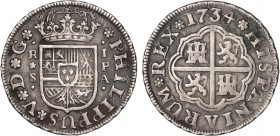 SPANISH MONARCHY: PHILIP V
Philip V
1 Real. 1734. SEVILLA. P.A. 2,79 grs. AC-658. MBC+.