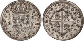 SPANISH MONARCHY: PHILIP V
Philip V
2 Reales. 1722. SEVILLA. J. 5,08 grs. Parte de Brillo original. AC-980. EBC.
