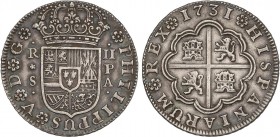 SPANISH MONARCHY: PHILIP V
Philip V
2 Reales. 1731. SEVILLA. P.A. 5,81 grs. P debajo de S del ensayador. Ligera pátina. AC-987. EBC-.