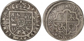 SPANISH MONARCHY: PHILIP V
Philip V
2 Reales. 1708. VALENCIA. F. 5,20 grs. MUY ESCASA. AC-1001. MBC-.