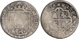 SPANISH MONARCHY: PHILIP V
Philip V
2 Reales. 1708. VALENCIA. F. 4,67 grs. ESCASA. AC-1001. BC.
