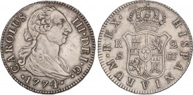 SPANISH MONARCHY: CHARLES III
Charles IIII
2 Reales. 1774/3. SEVILLA. C.F. 5,85 grs. AC-782 var sobrefecha. MBC+/EBC-.