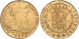 SPANISH MONARCHY: CHARLES III
Charles IIII
8 Escudos. 1775. MADRID. P.J. 26,59 grs. Con punto entre ensayadores. Restos de brillo original. AC-1961;...