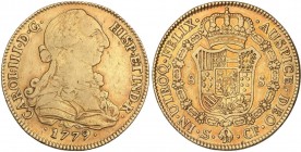 SPANISH MONARCHY: CHARLES III
Charles IIII
8 Escudos. 1779/7. SEVILLA. C.F. 26,86 grs. Rarísima rectificación de fecha, 9 sobre 7, ya que en el 1777...