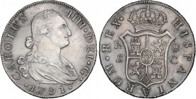 SPANISH MONARCHY: CHARLES IV
Charles IV
8 Reales. 1791. SEVILLA. C. 26,82 grs. Ligera pátina irregular. RARA Y MÁS ASÍ. AC-1053. EBC-.