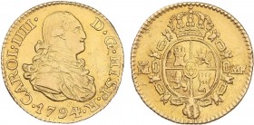 SPANISH MONARCHY: CHARLES IV
Charles IV
1/2 Escudo. 1794. MADRID. M.F. 1,77 grs. Restos de brillo original. MUY ESCASA. AC-1073. EBC-/MBC+.