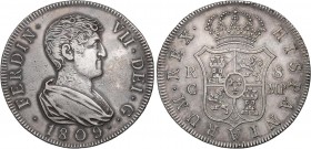 SPANISH MONARCHY: FERDINAND VII
Ferdinand VII
8 Reales. 1809. CATALUNYA. M.P. 26,82 grs. El año y ensayadores más raros del tipo Busto drapeado, acu...