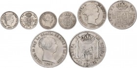 SPANISH MONARCHY: ELISABETH II
Elisabeth II
Lote 4 monedas 1 Real (2), 10 Reales y 20 Centavos de Peso. 1852 a 1865. Contiene 1 Real Sevilla 1852, M...