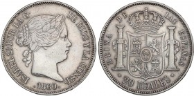 SPANISH MONARCHY: ELISABETH II
Elisabeth II
20 Reales. 1860/59. SEVILLA. 25,95 grs. (Golpecitos). ESCASA. AC-638. MBC+.
