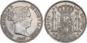 SPANISH MONARCHY: ELISABETH II
Elisabeth II
2 Escudos. 1867. MADRID. 26,07 grs. (Golpecitos). AC-647. MBC+.