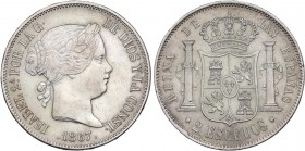 SPANISH MONARCHY: ELISABETH II
Elisabeth II
2 Escudos. 1867. MADRID. 25,96 grs. (Pequeños golpecitos). AC-647. MBC+.