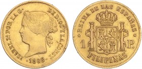 SPANISH MONARCHY: ELISABETH II
Elisabeth II
1 Peso. 1868/7. MANILA. 1,67 grs. (Levísimo golpecito en canto). AC-No cita (832 var). MBC+.