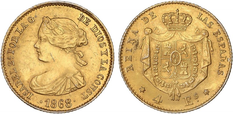 SPANISH MONARCHY: ELISABETH II
Elisabeth II
4 Escudos. 1868. MADRID. 3,42 grs....