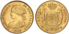 SPANISH MONARCHY: ELISABETH II
Elisabeth II
4 Escudos. 1868. MADRID. 3,42 grs. Platino sobredorado. FALSA de ÉPOCA. AC-Tipo 186. EBC-.