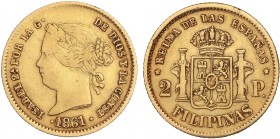 SPANISH MONARCHY: ELISABETH II
Elisabeth II
2 Pesos. 1861. MANILA. 3,35 grs. AC-836. MBC-/MBC.
