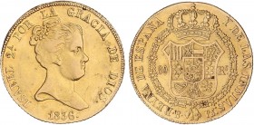 SPANISH MONARCHY: ELISABETH II
Elisabeth II
80 Reales. 1836. BARCELONA. P.S. 6,73 grs. Primera fecha. Pieza tipo. Final leyenda anverso DIOS. Restos...