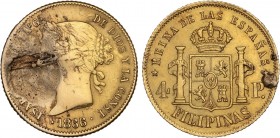 SPANISH MONARCHY: ELISABETH II
Elisabeth II
4 Pesos. 1866/5. MANILA. 6,55 grs. (Restos de soldadura y parte del anverso segmentado). RARA. AC-861. M...