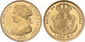 SPANISH MONARCHY: ELISABETH II
Elisabeth II
100 Reales. 1859. MADRID. 8,37 grs. (Levísimos golpecitos). Pleno brillo original. ESCASA ASÍ. AC-786. S...