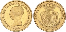 SPANISH MONARCHY: ELISABETH II
Elisabeth II
100 Reales. 1854. SEVILLA. 8,29 grs. (Levísimos golpecitos). Restos de brillo original. AC-795. EBC+.