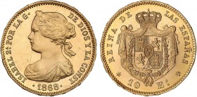 SPANISH MONARCHY: ELISABETH II
Elisabeth II
10 Escudos. 1868 (*18-68). MADRID. (Rayita en anverso). Restos de brillo original. AC-815. EBC+/SC-.
