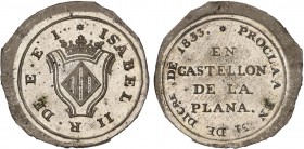 SPANISH MONARCHY: ELISABETH II
Elisabeth II
Medalla Proclamación. 31 Diciembre 1833. CASTELLÓN DE LA PLANA. Anv.: Escudo en rombo, encima corona de ...
