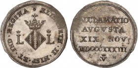 SPANISH MONARCHY: ELISABETH II
Elisabeth II
Medalla Proclamación. 19 Noviembre 1833. VALENCIA. 2,72 grs. AR. Ø 20 mm. (Rayas de ajuste). He-35. SC....