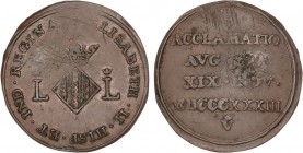 SPANISH MONARCHY: ELISABETH II
Elisabeth II
Medalla Proclamación. 19 Noviembre 1833. VALENCIA. 3,18 grs. AE. Ø 20 mm. (Acuñación algo descuidada). H...